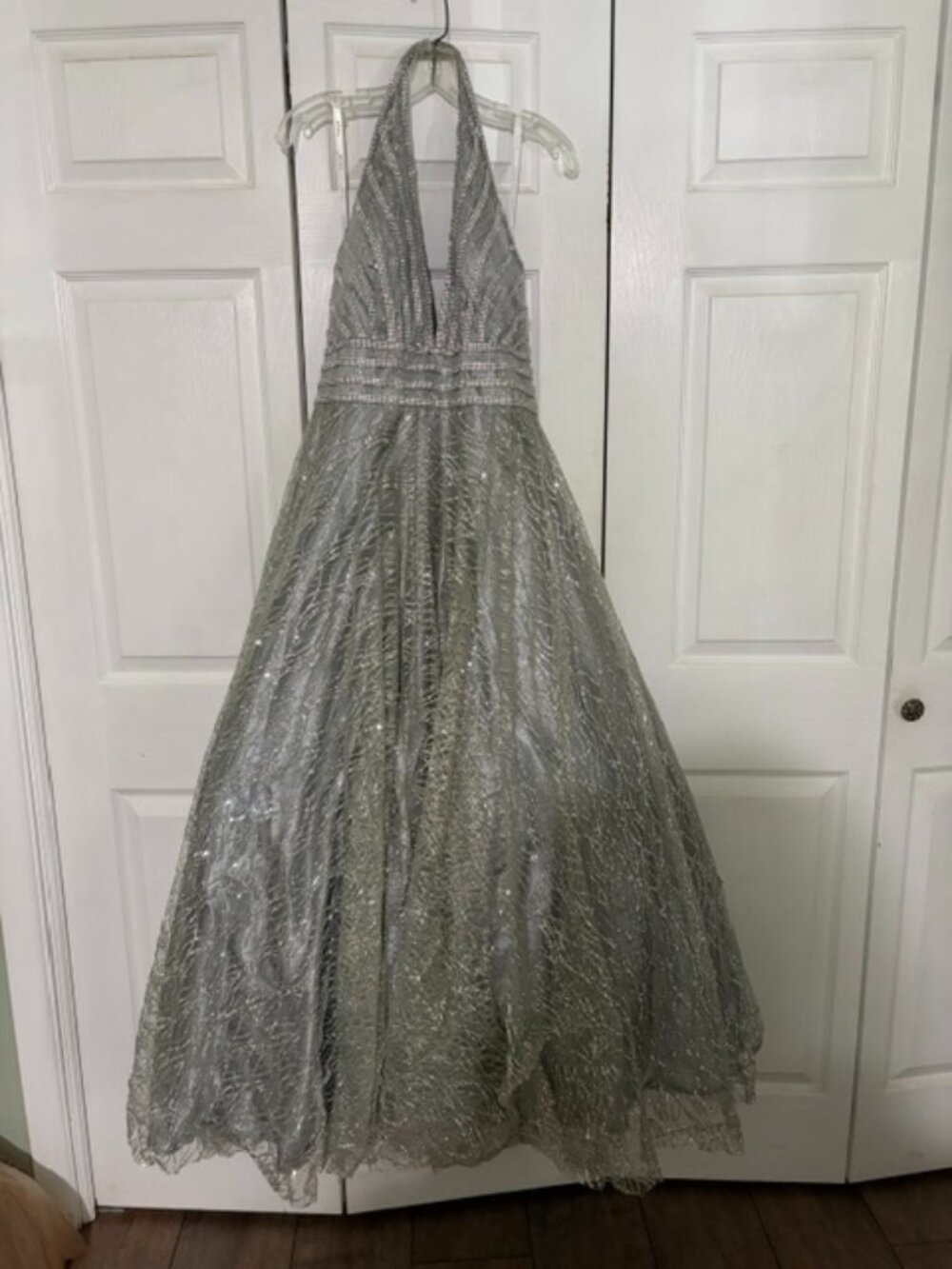 Panoply Silver Halter Ball Gown Size 14 Sequin Glitter Prom Formal Pageant Dress